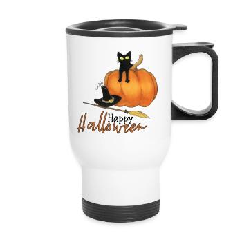 Chat citrouille d'halloween - Tasse isotherme avec poignée - blanc - Devant