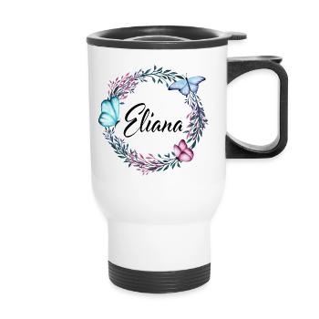 Eliana, Name, Schriftzug, Blumenkranz, Geschenk - Thermobecher mit Tragegriff - Weiß - Vorne