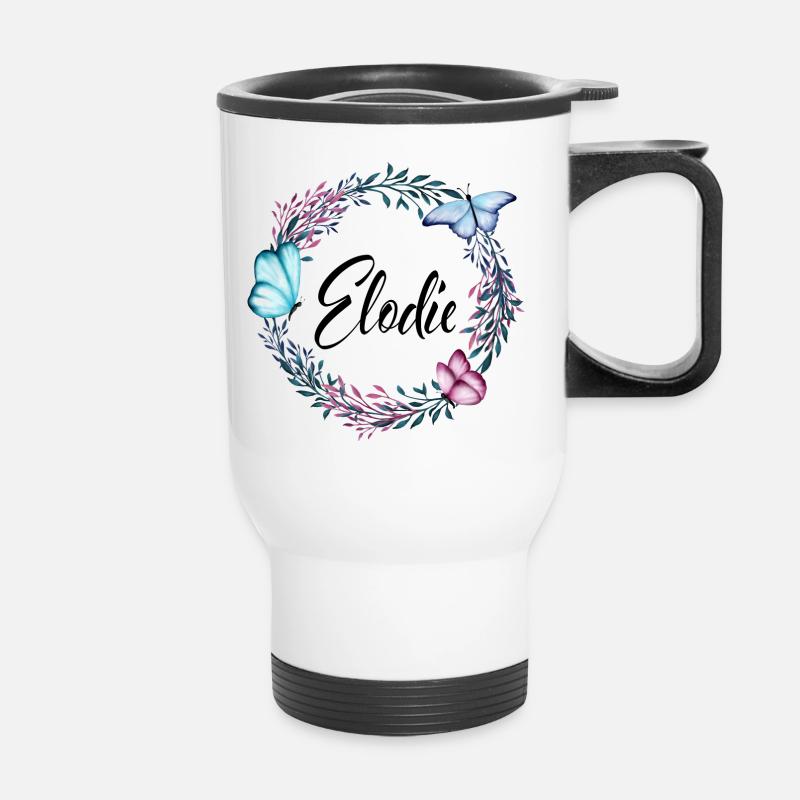 Elodie, nom, lettrage, couronne de fleurs, cadeau - Tasse isotherme avec poignée - blanc