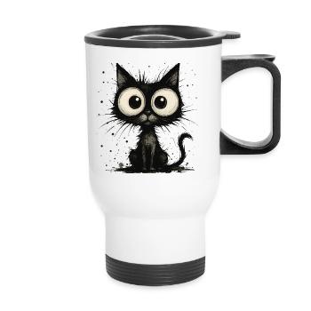 Funny black cat with big eyes – splash - Thermal mug with handle - white - Front