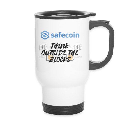 SafeCoin; Think Outside the Blocks (black + blue) - Thermal mug with handle