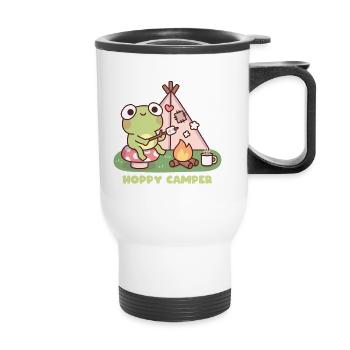 Niedlicher Frosch am Lagerfeuer Hoppy Camper Wortspiel - Thermobecher mit Tragegriff - Weiß - Vorne