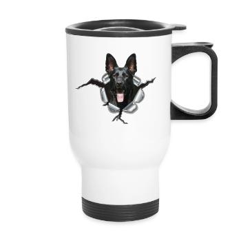 Schwarzer Schäferhund im Metall Loch - Thermobecher mit Tragegriff - Weiß - Vorne