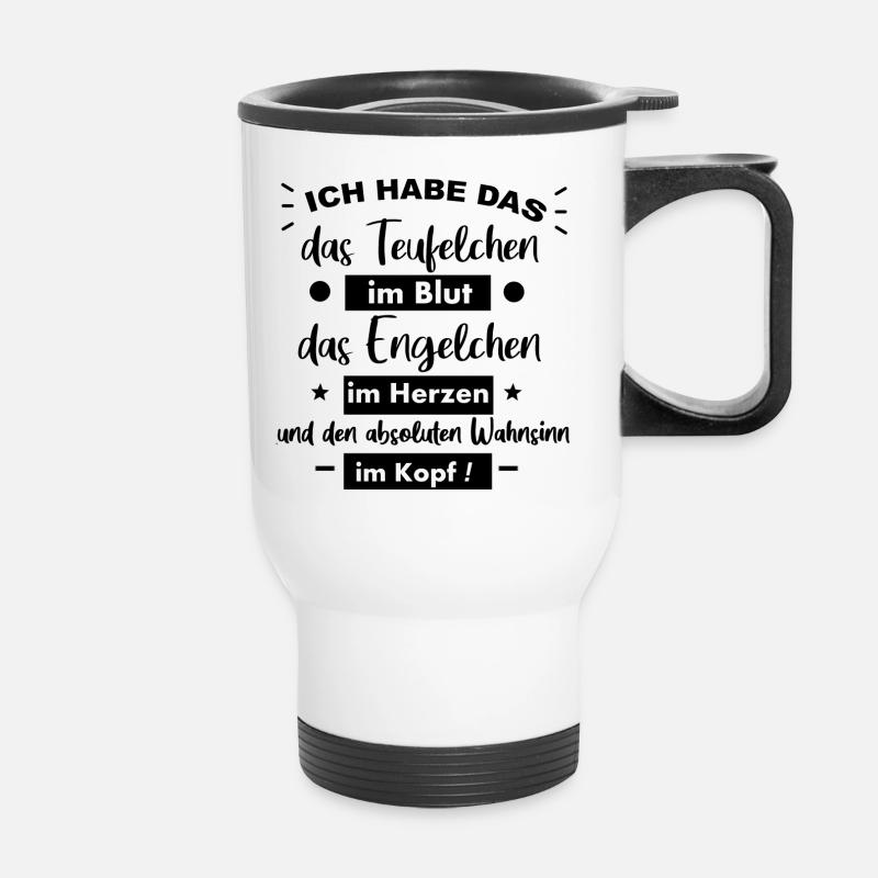 Teufelchen und Engelchen Text Wahnsinn - Thermobecher mit Tragegriff - Weiß