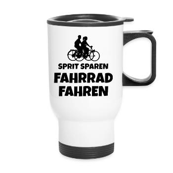 Sprit sparen - Fahrrad fahren Fahrradfahrer Spruch - Thermobecher mit Tragegriff - Weiß - Vorne