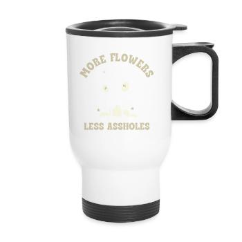 Plus de fleurs, moins de connards – Expression rétro sur les fleurs - Tasse isotherme avec poignée - blanc - Devant