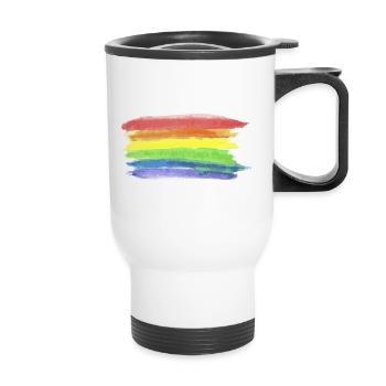 LGBT Flagge Regenbogen Fahne Pride Gay Homosexuell - Thermobecher mit Tragegriff - Weiß - Vorne