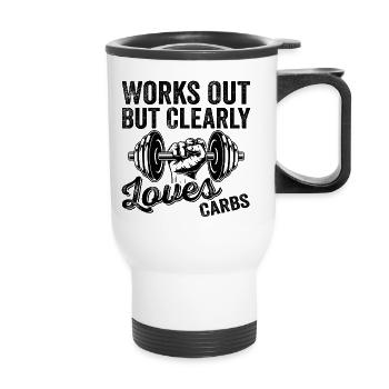 Works Out But Clearly Loves Carbs Funny Gym Outfit - Thermal mug with handle - white - Front