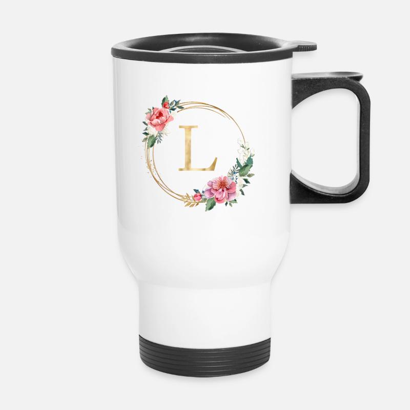 Customizable Monogram L Wreath Pink White - Thermal mug with handle - white