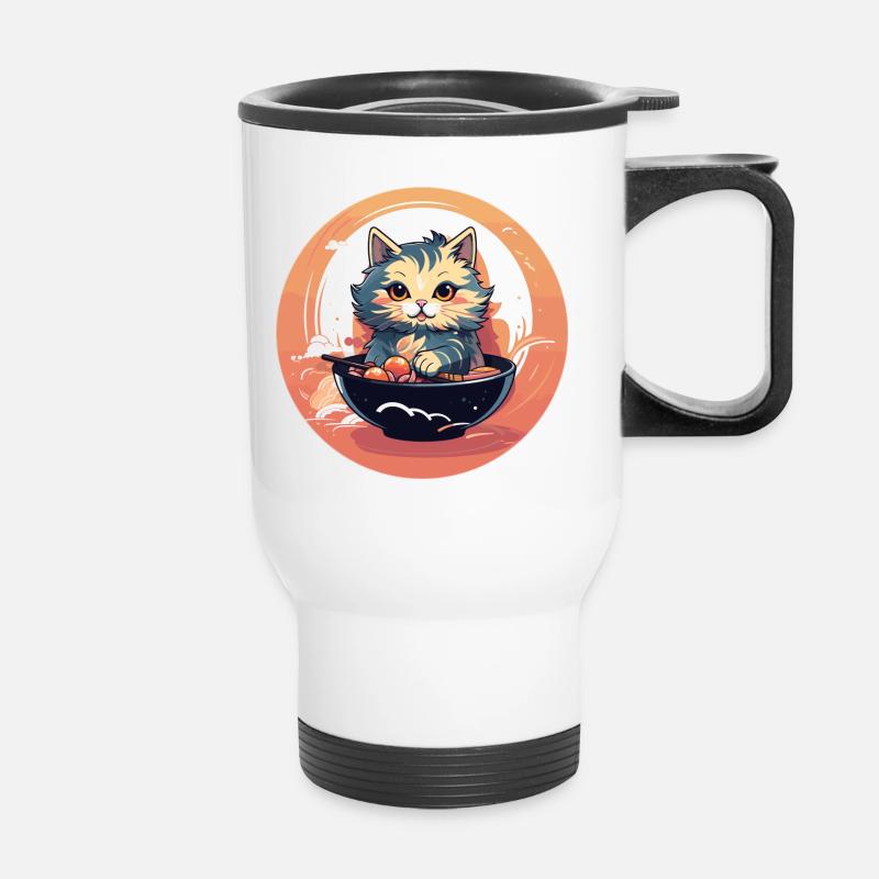 Maine coon cat eating ramen round design - Thermal mug with handle - white