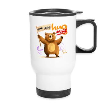 Bear with wisdom: "hate less, hug more". - Thermal mug with handle - white - Front