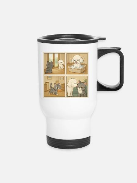 Adorable scene with dogs and cats at home - Thermal mug with handle - white