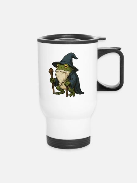 Weiser bärtiger Frosch mit Zauberhut - Thermobecher mit Tragegriff - Weiß