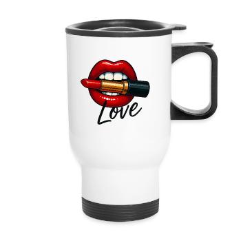 Kiss Lips with Lipstick and Love Font - Thermal mug with handle - white - Front