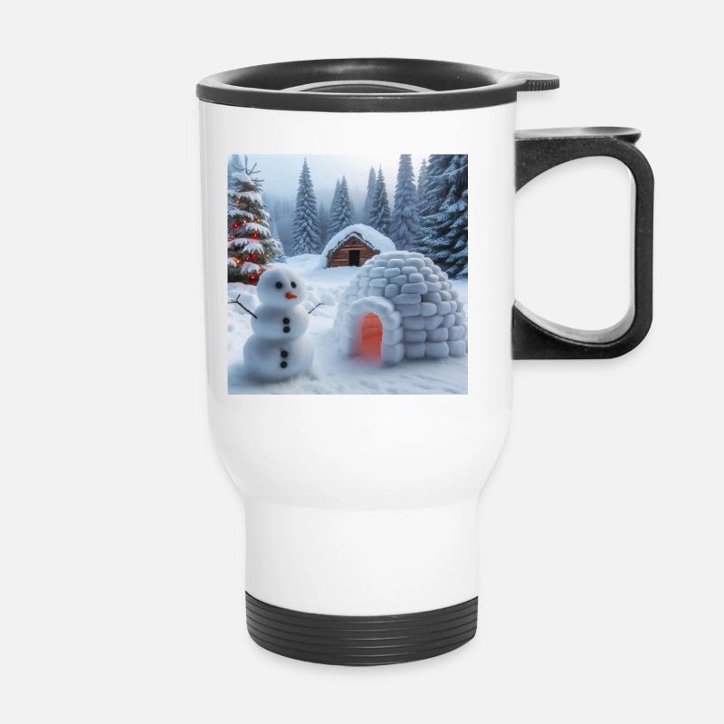 Winter landscape with snowman and igloo - Thermal mug with handle - white