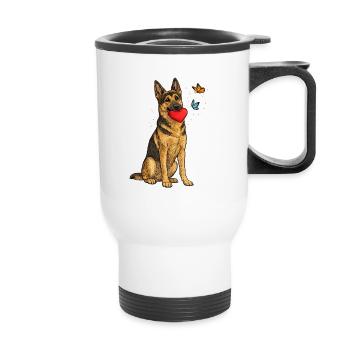Deutscher Schäferhund mit Herz und Schmetterlingen - Thermobecher mit Tragegriff - Weiß - Vorne