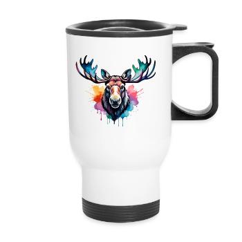Moose Cool in the Forest, Colorful Design, Watercolor - Thermal mug with handle - white - Front