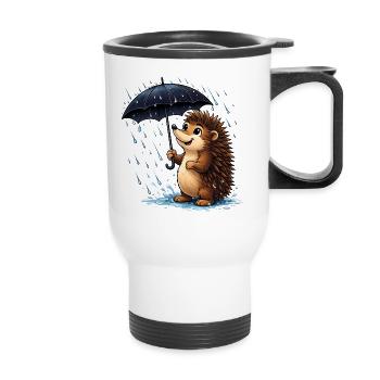 Cheerful hedgehog with umbrella in the rain - Thermal mug with handle - white - Front