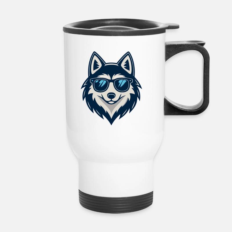 Wolf in the sun in glasses - Thermal mug with handle - white