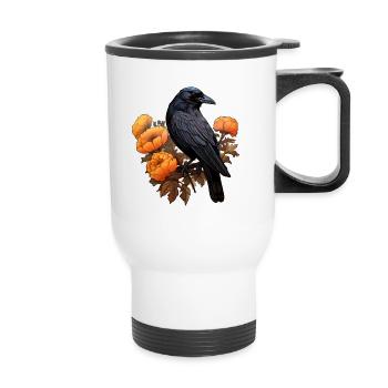 Corbeau sur fleur buisson Halloween automne - Tasse isotherme avec poignée - blanc - Devant
