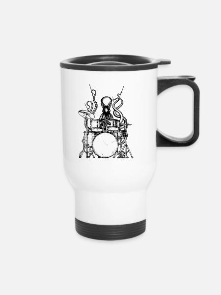 Krake Drummer Black and white for spread.png - Thermobecher mit Tragegriff - Weiß