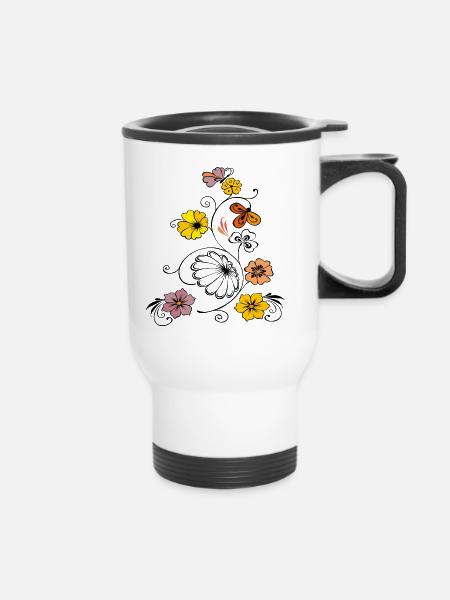 Blumenranke mit Schmetterling - Thermobecher mit Tragegriff - Weiß