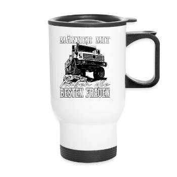 Männer mit Unimog - Offroad - Universal Motorgerät - Thermobecher mit Tragegriff - Weiß - Vorne