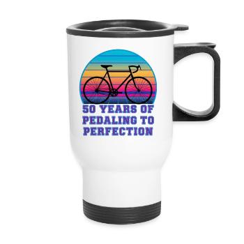 50 Jahre Pedalfahren mit dem Retro Sunset Rennrad - Thermobecher mit Tragegriff - Weiß - Vorne
