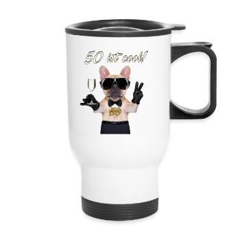 NEU Geburstags Mops 50 ist cool Geschenk - Thermobecher mit Tragegriff - Weiß - Vorne