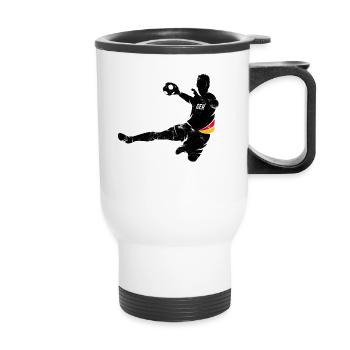 HANDBALL SPIELER SPRUNGWURF GERMANY, HANDBALL EM - Thermobecher mit Tragegriff - Weiß - Vorne
