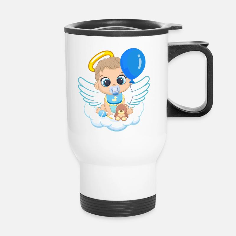 Baby Engel, Junge mit Engelsflügel, Luftballon - Thermobecher mit Tragegriff - Weiß