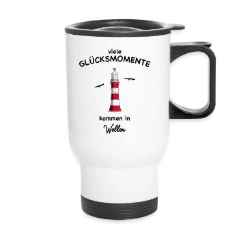 Leuchtturm Plymouth, England, Glücksmomente - Thermobecher mit Tragegriff - Weiß - Vorne