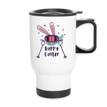 Happy Easter from Skiing Rabbit with ski poles - Thermal mug with handle - white - Front