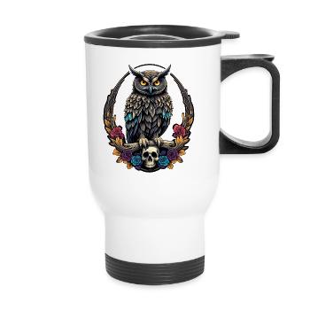 Dekorative Eule mit Skull und Rosenblüten - Thermobecher mit Tragegriff - Weiß - Vorne