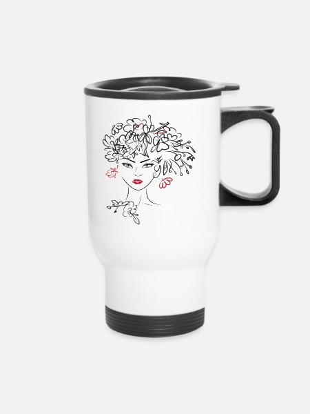 Frauenkopf mit Blüten - Thermobecher mit Tragegriff - Weiß
