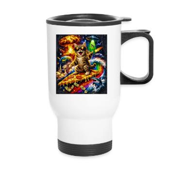 Space Cat on Pizza - Thermal mug with handle - white - Front