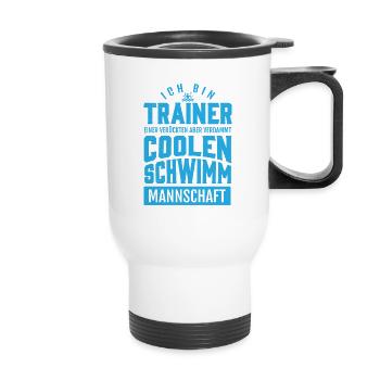 Schwimmen – Shirt Trainer Wassersport Geschenk - Thermobecher mit Tragegriff - Weiß - Vorne