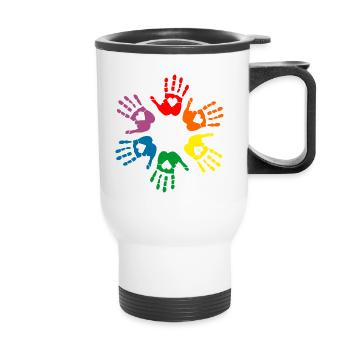 Lgbt Rainbow hand prints with hearts, gay pride - Tasse isotherme avec poignée - blanc - Devant