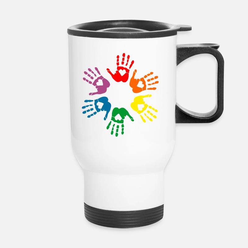 Lgbt Regenbogen Handabdrücke, Gay Pride - Thermobecher mit Tragegriff - Weiß