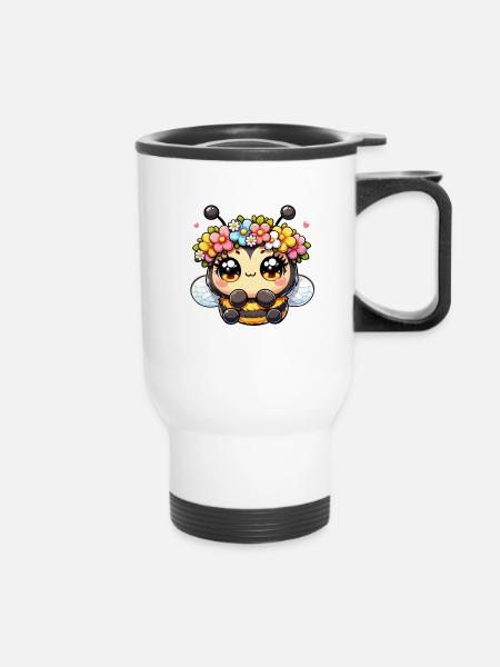 Biene mit Blumenkranz - Thermobecher mit Tragegriff - Weiß