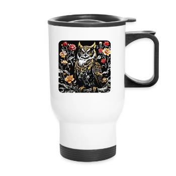 Hibou avec des vrilles de pétales de rose en aspect gravure sur bois - Tasse isotherme avec poignée - blanc - Devant