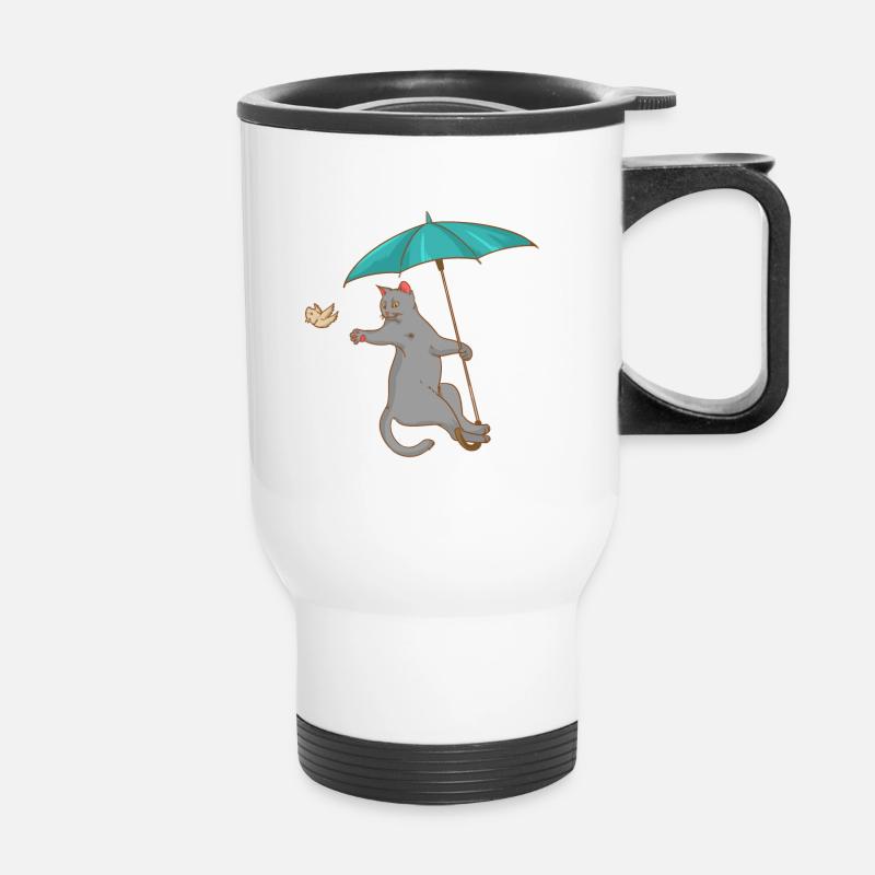 Chat avec parapluie - oiseau - chaton - cadeau - Tasse isotherme avec poignée - blanc