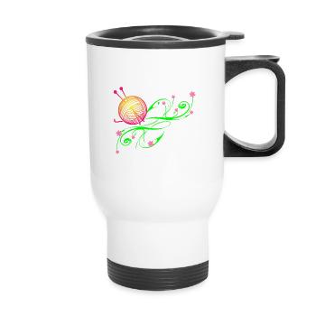 Tricot, aiguilles à tricoter, laine artisanale - Tasse isotherme avec poignée - blanc - Devant