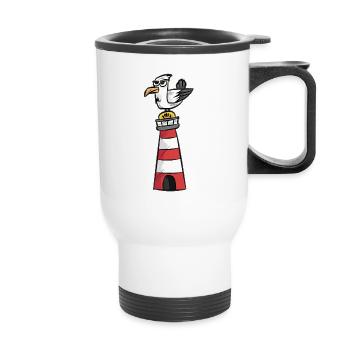Möwe Taube Leuchtturm Nordsee Ostsee Comic Cartoon - Thermobecher mit Tragegriff - Weiß - Vorne