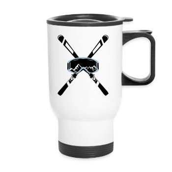 Ski and goggles with mountains, skiing - Thermal mug with handle - white - Front
