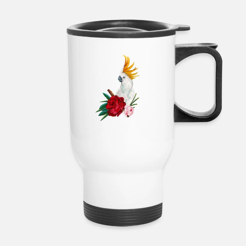 Bunter Papagei Kakadu mit Blumen Fan Geschenk - Thermobecher mit Tragegriff - Weiß