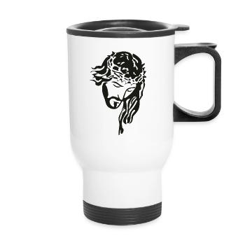 Jesus Christus mit Rosenkranz Silhouette Braun - Thermobecher mit Tragegriff - Weiß - Vorne