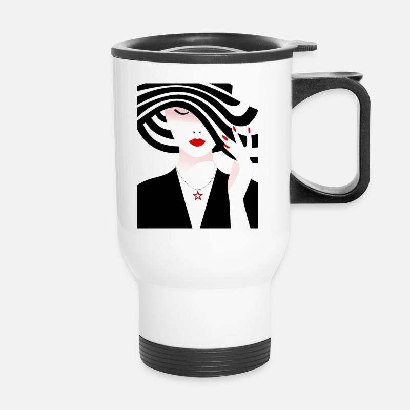 Woman with black and white striped hat - Thermal mug with handle - white