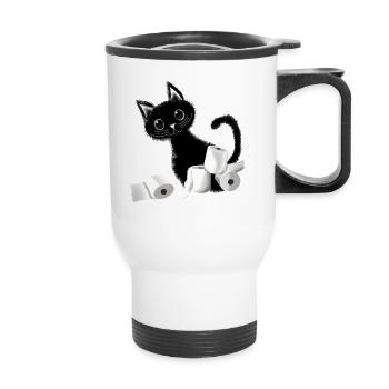 Katze schwarzer Kater Toilettenpapier Design - Thermobecher mit Tragegriff - Weiß - Vorne