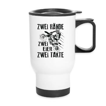 Zweitakt Supermoto Zwei Hände Zwei Eier Zwei Takte - Thermobecher mit Tragegriff - Weiß - Vorne